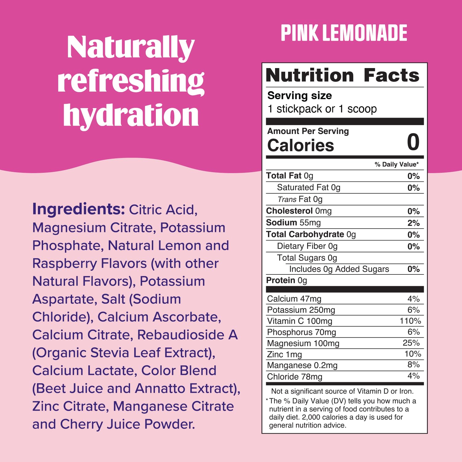 Ultima Replenisher pink lemonade tub back highlights 6 electrolytes and vegan ingredients