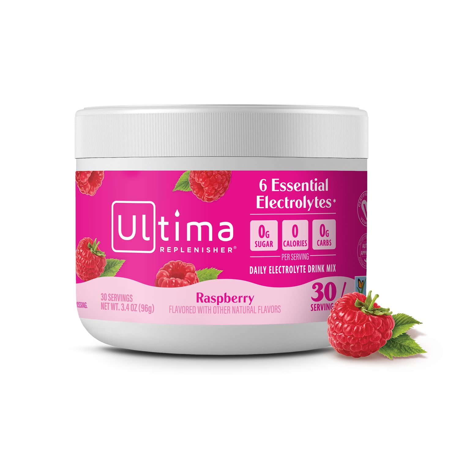 Ultima Replenisher Raspberry canister ready for sugar-free daily hydration.