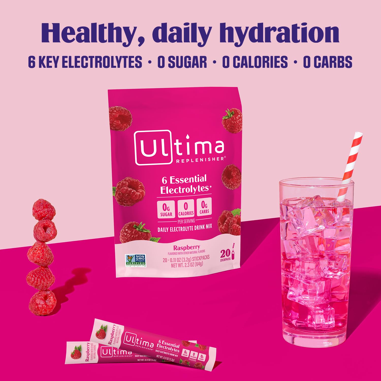 A glass of Ultima Replenisher Raspberry drink shows vibrant, sugar-free hydration.