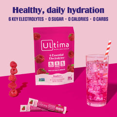 A glass of Ultima Replenisher Raspberry drink shows vibrant, sugar-free hydration.