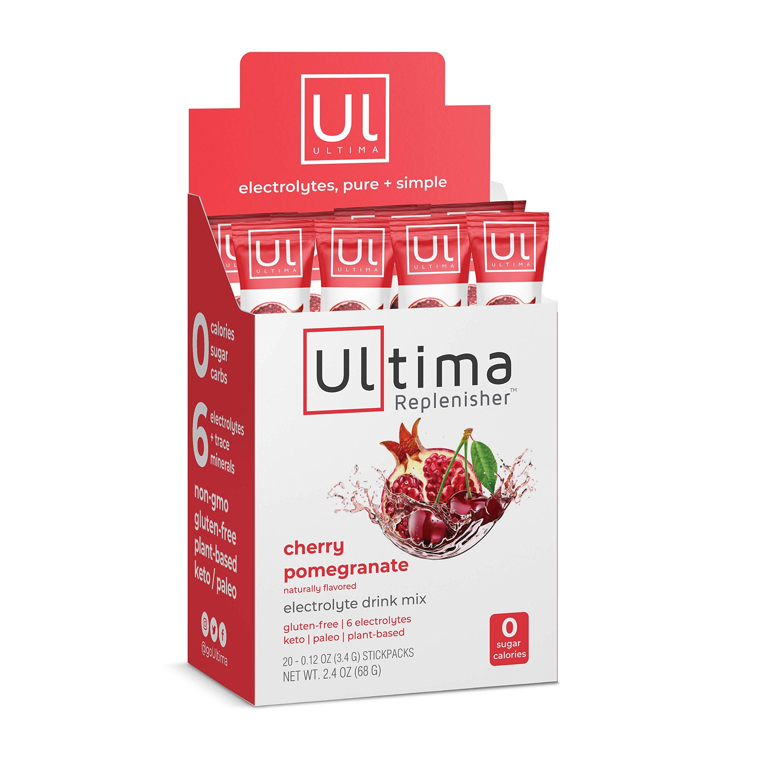 Ultima Replenisher sabor cereza granada en botella, ideal para entrenamientos