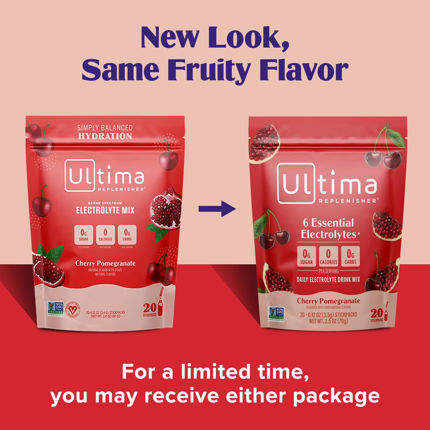 Ultima Replenisher cherry pomegranate stickpack for on-the-go hydration.
