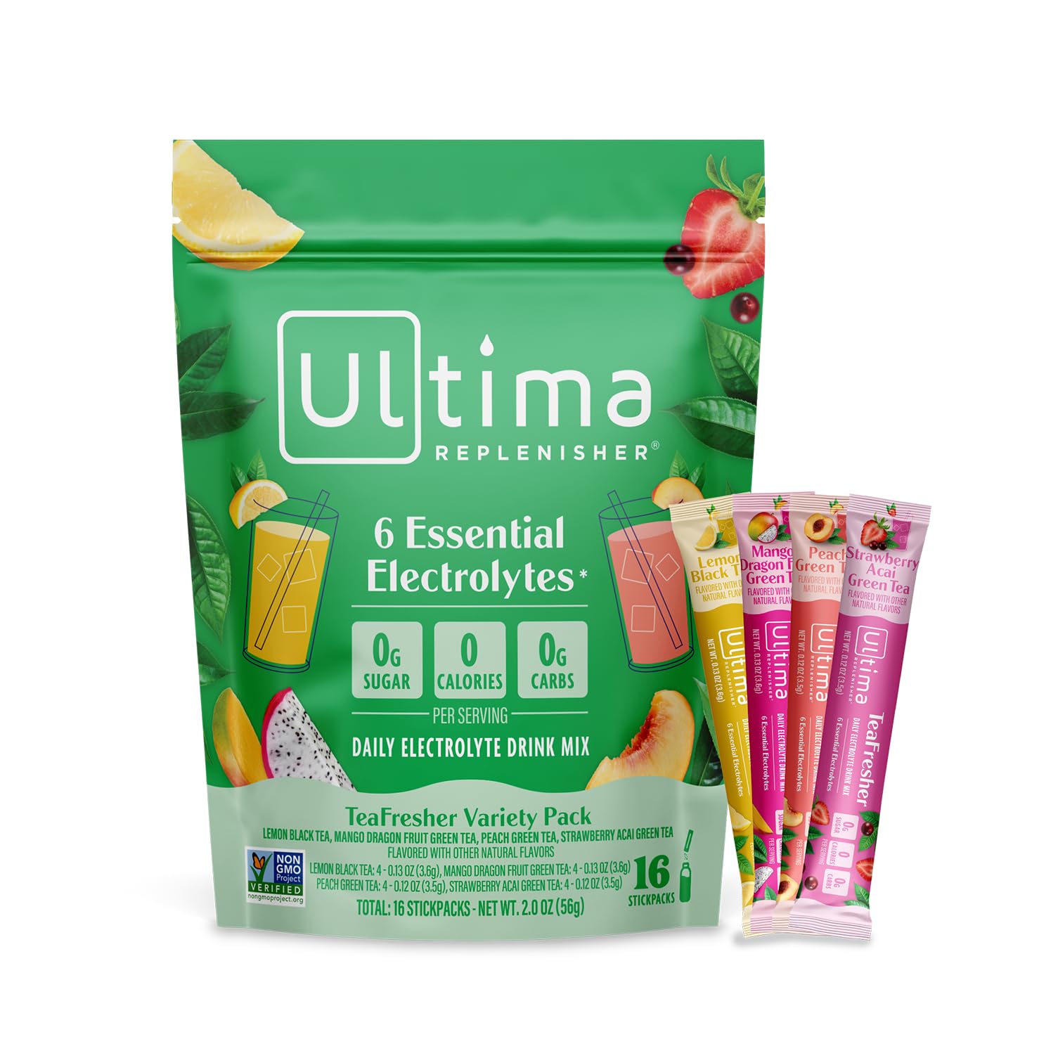 Ultima Replenisher TeaFresher stickpack dissolving in water for on-the-go hydration.