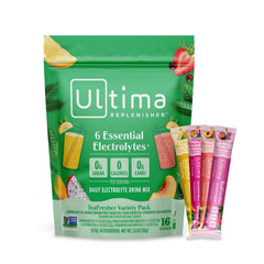 Ultima Replenisher TeaFresher stickpack dissolving in water for on-the-go hydration.