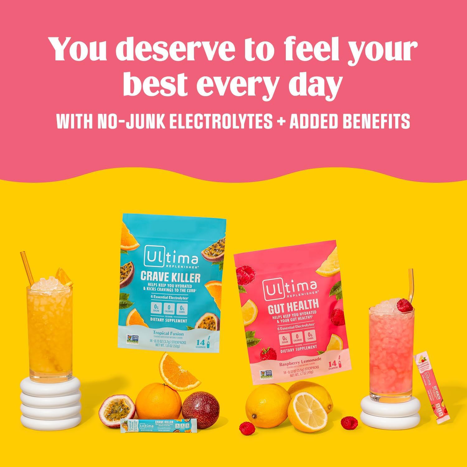 Travel-friendly 14-stick pack of Ultima Replenisher Gut Health powder