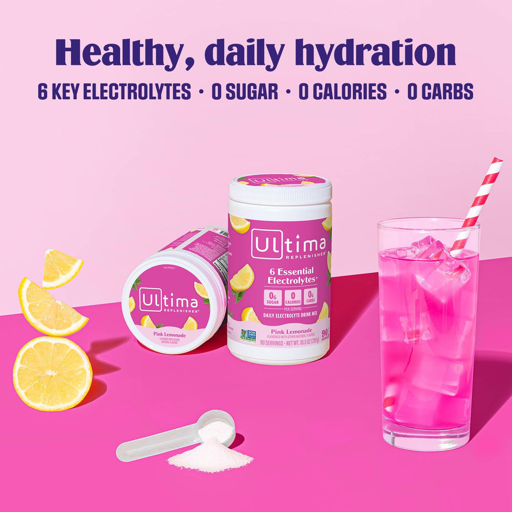 Vitamin C and zinc badge on the Ultima Replenisher pack for daily support.