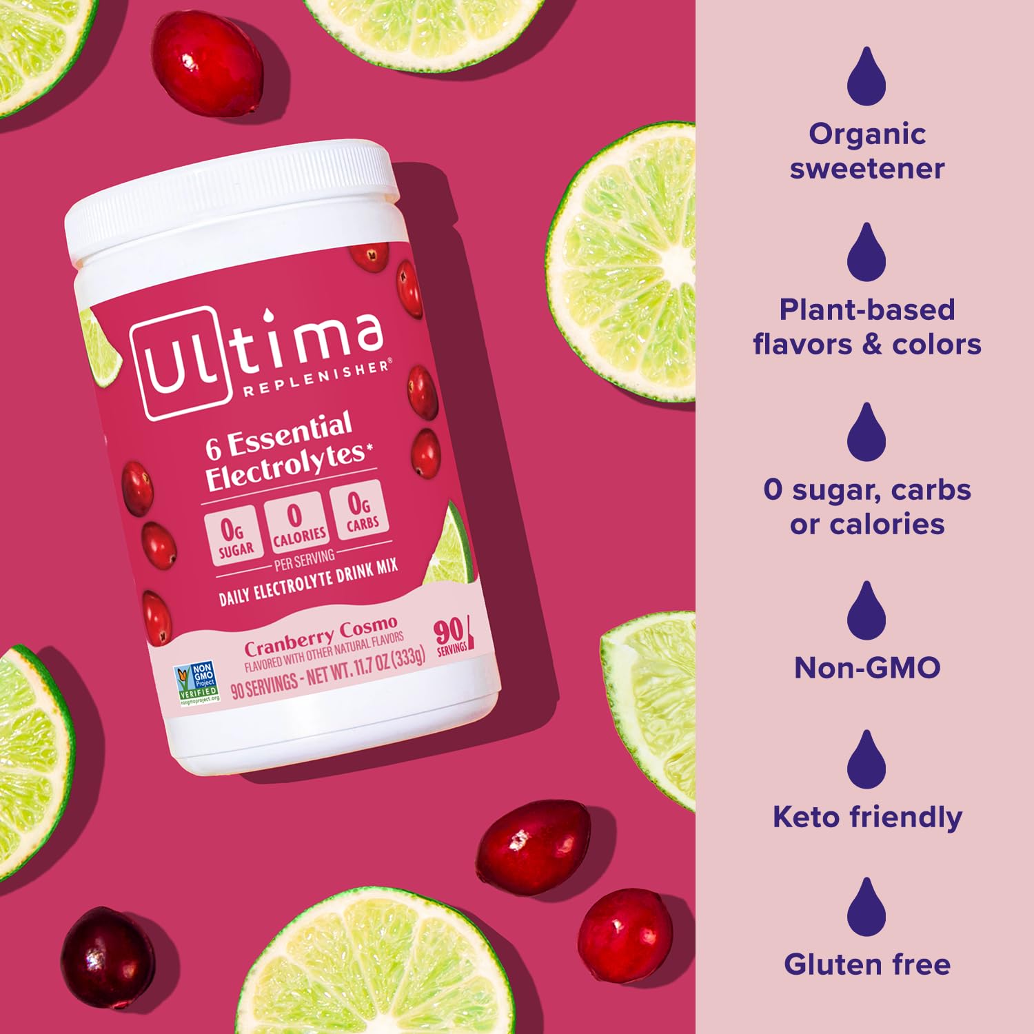 Ultima Replenisher vitamin C and zinc icons emphasize key nutrients.