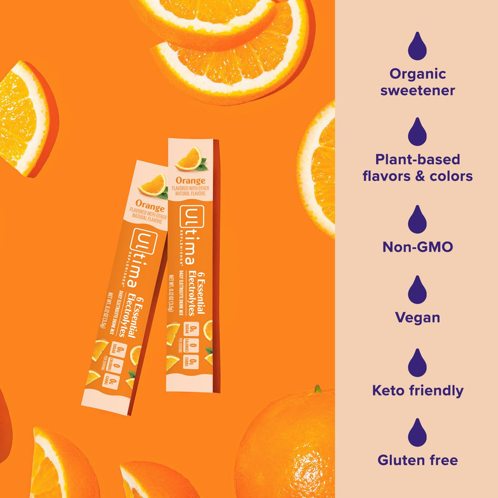 Ultima Replenisher packaging highlighting zero sugar and plant-based formula.