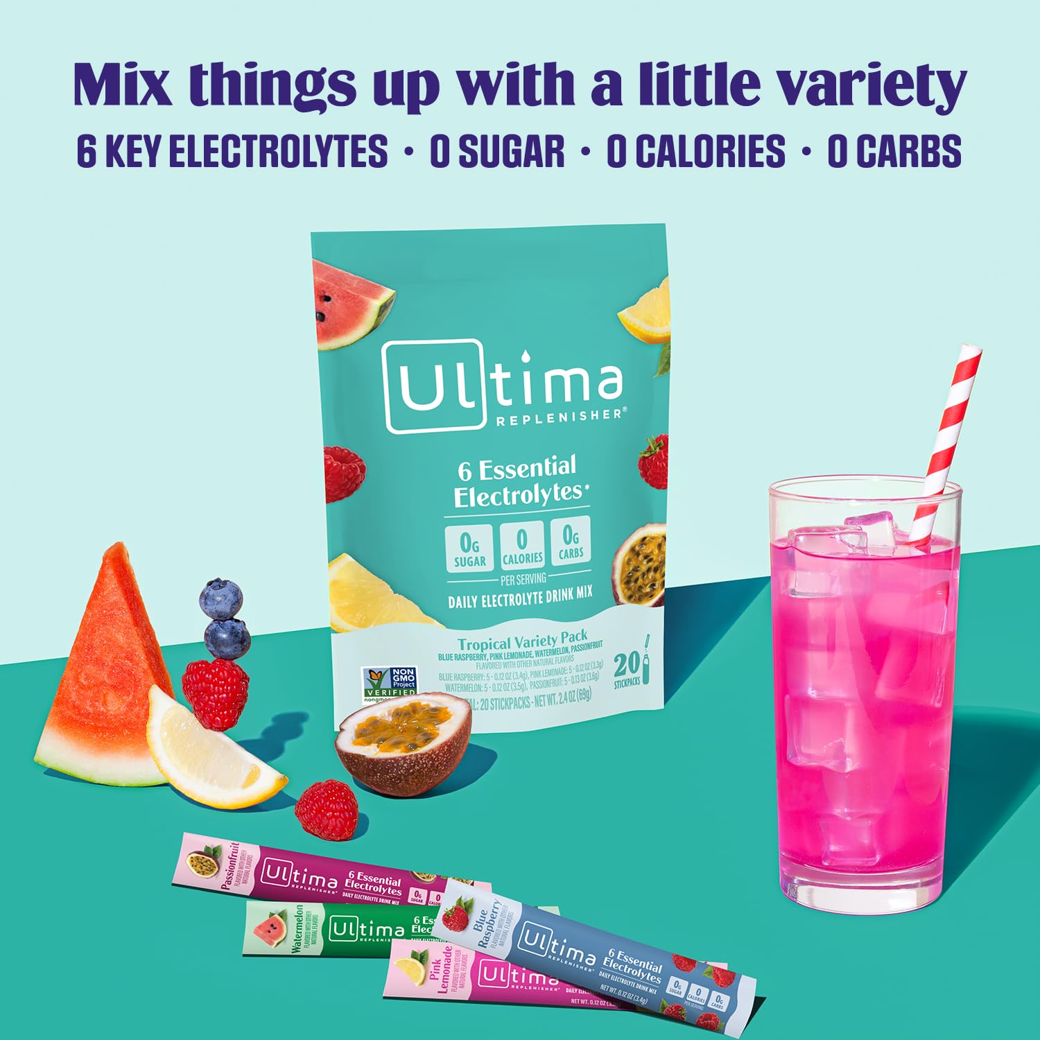Ultima Replenisher watermelon packet hydrates during workouts with natural flavors.