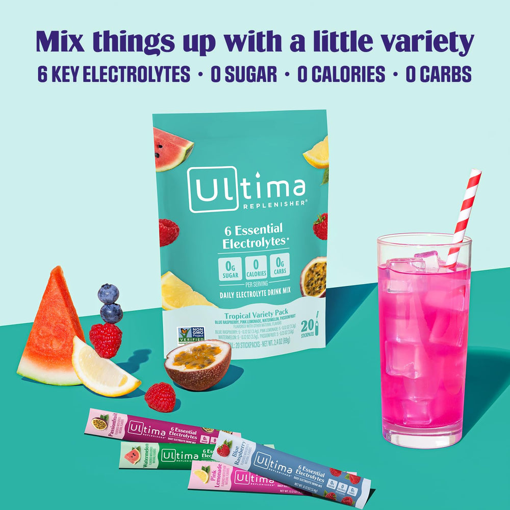 Ultima Replenisher watermelon packet hydrates during workouts with natural flavors.