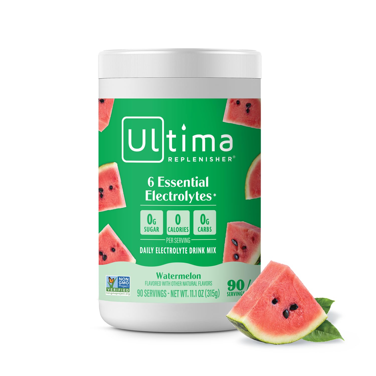 Ultima Replenisher watermelon electrolyte powder dissolving in water for refreshing hydration.