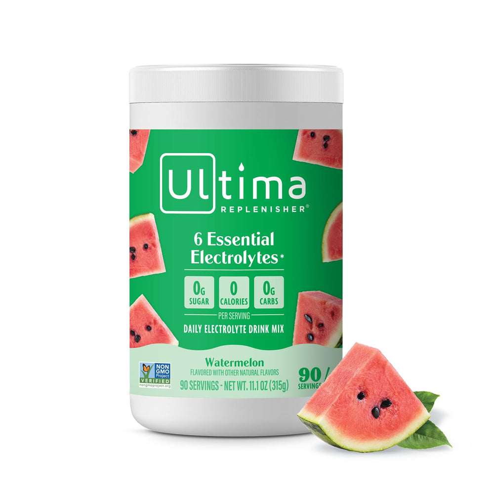 Ultima Replenisher watermelon electrolyte powder dissolving in water for refreshing hydration.