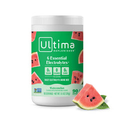 Ultima Replenisher watermelon electrolyte powder dissolving in water for refreshing hydration.
