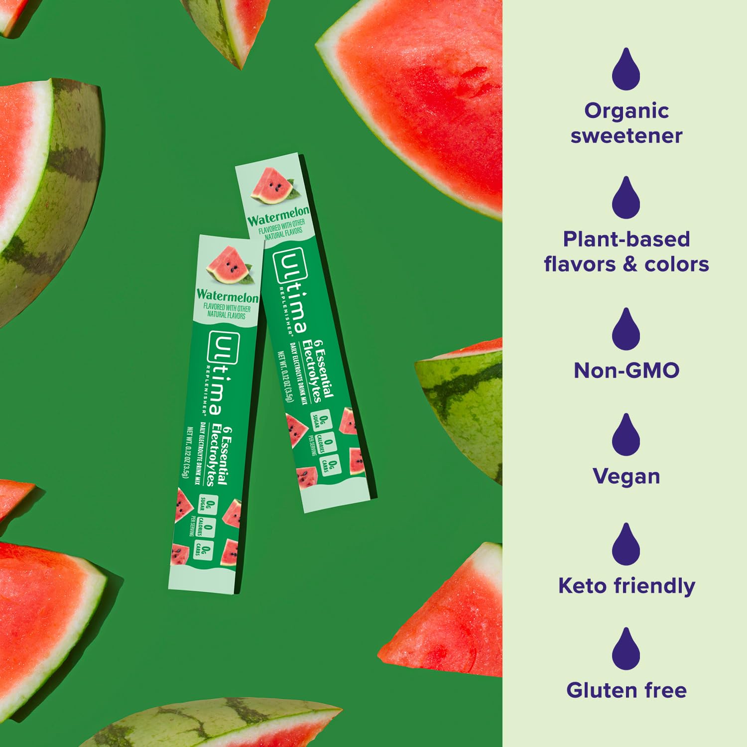 On-the-go Ultima Replenisher Watermelon stickpack beside a gym bag.