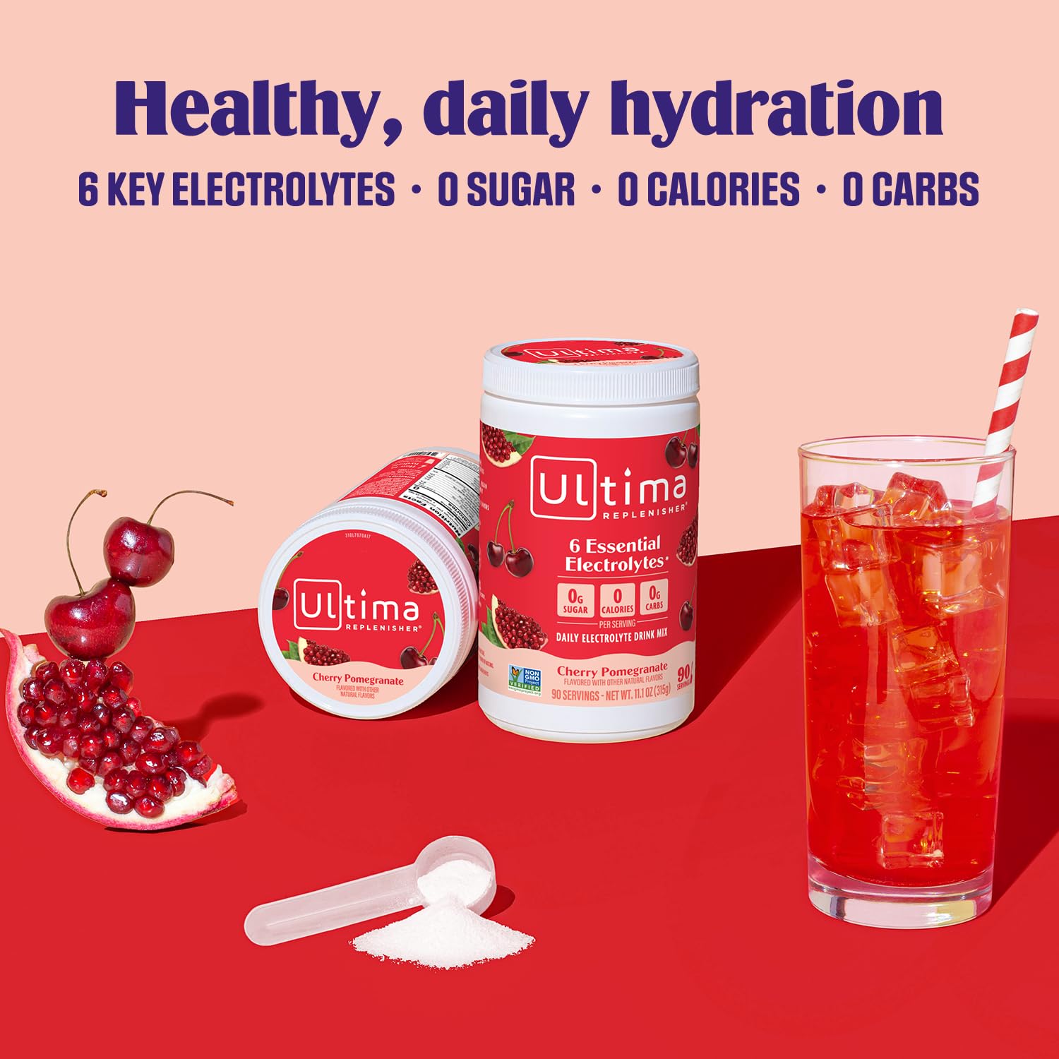 Ultima Replenisher bottle with 0 sugar and 0 calories claim for guilt-free hydration.