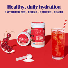 Ultima Replenisher bottle with 0 sugar and 0 calories claim for guilt-free hydration.