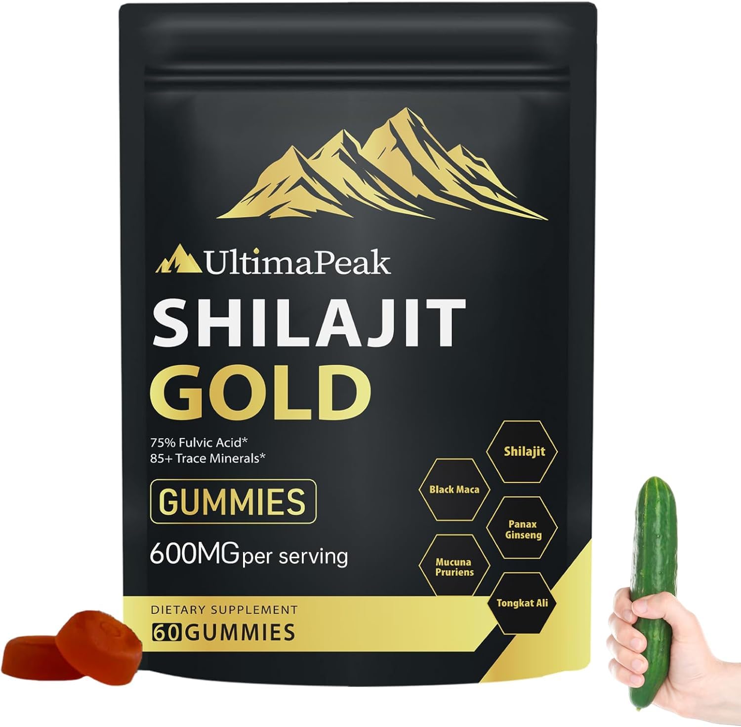 UltimaPeak Shilajit Gummies bottle shown for convenient energy support.