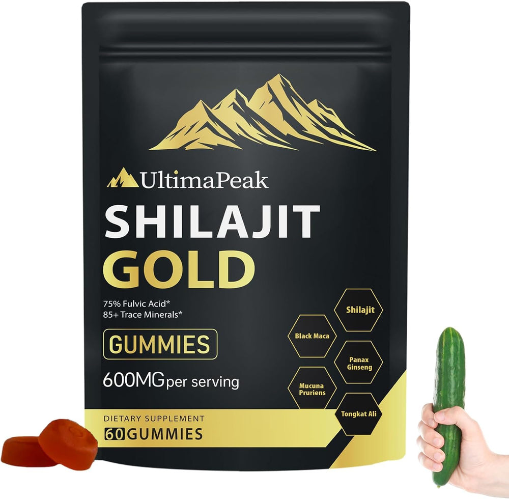 UltimaPeak Shilajit Gummies bottle shown for convenient energy support.