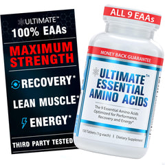 Ultimate EAA bottle front shows complete nine-EAA blend for energy and recovery.