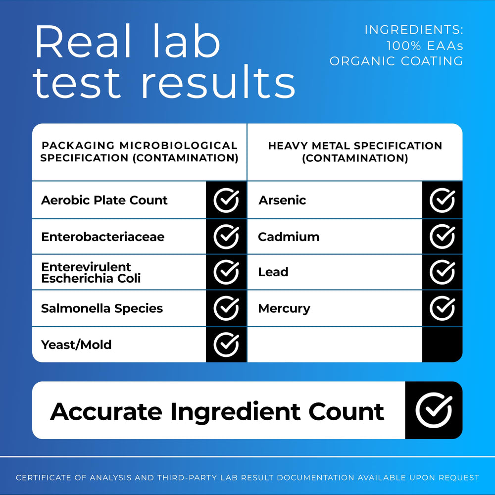 Ultimate EAA ingredient list close-up showing essential amino acids.