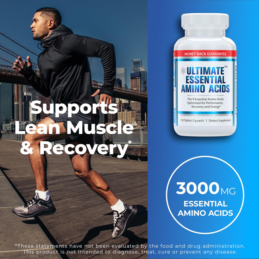 Ultimate EAA label highlighting 150 servings and vegan, gluten-free ingredients.