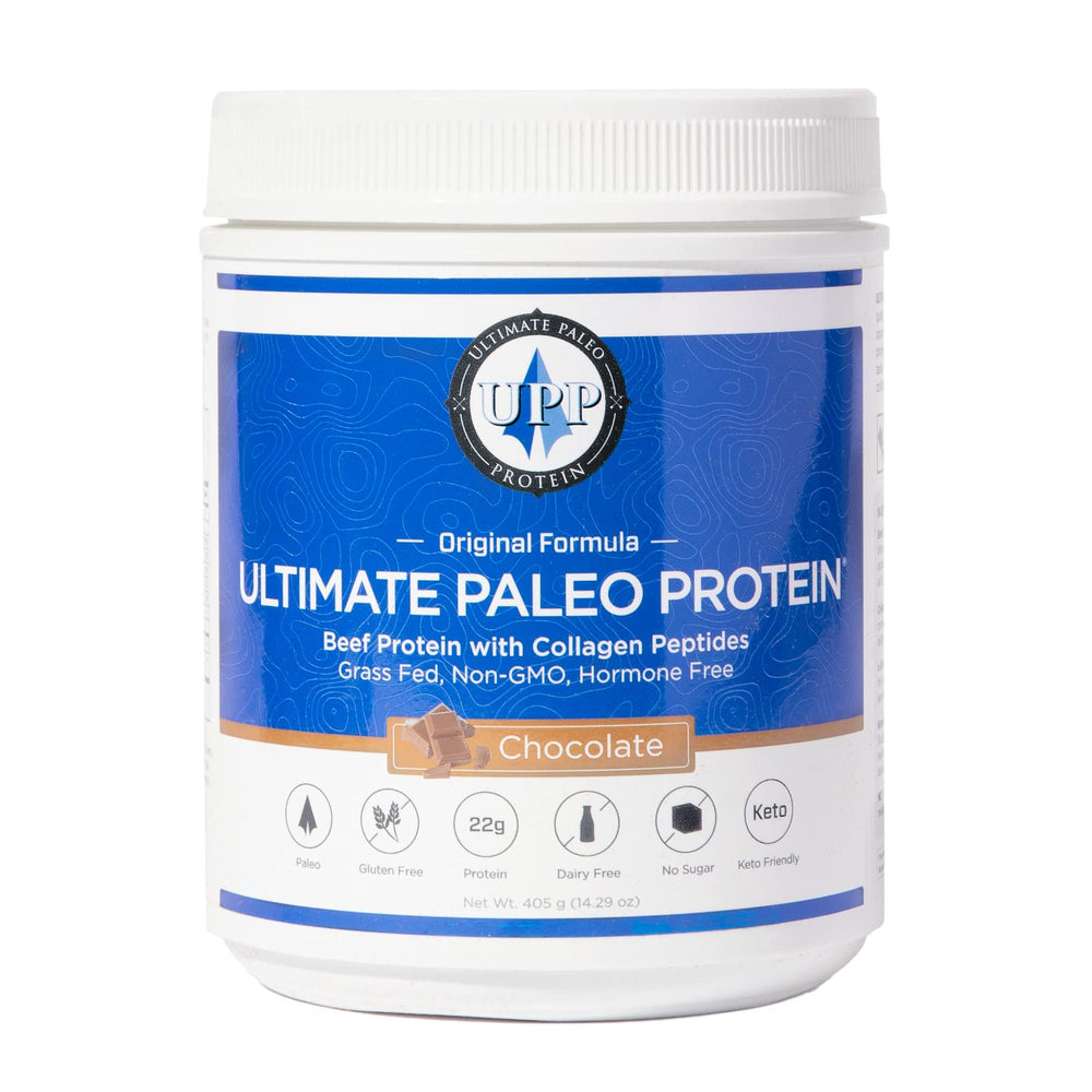 Ultimate Paleo Protein chocolate powder bag for flavorful shakes