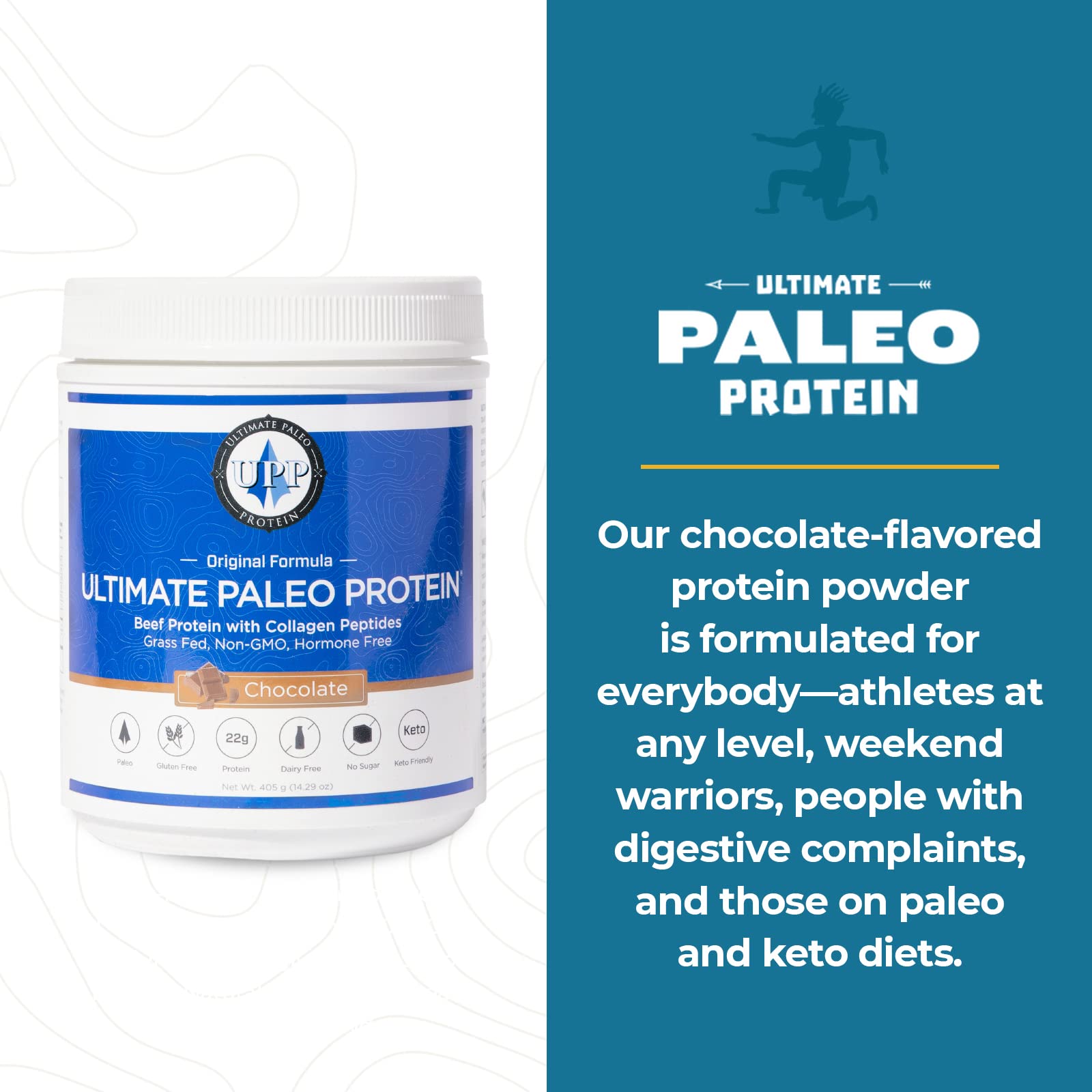 Ultimate Paleo Protein scoop dispense depicting easy-measure scoops for daily use.