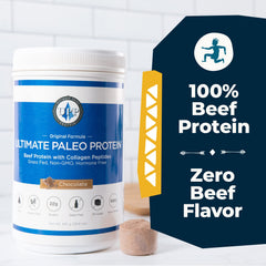 Ultimate Paleo Protein chocolate shake glass capturing ready-to-drink convenience after training.
