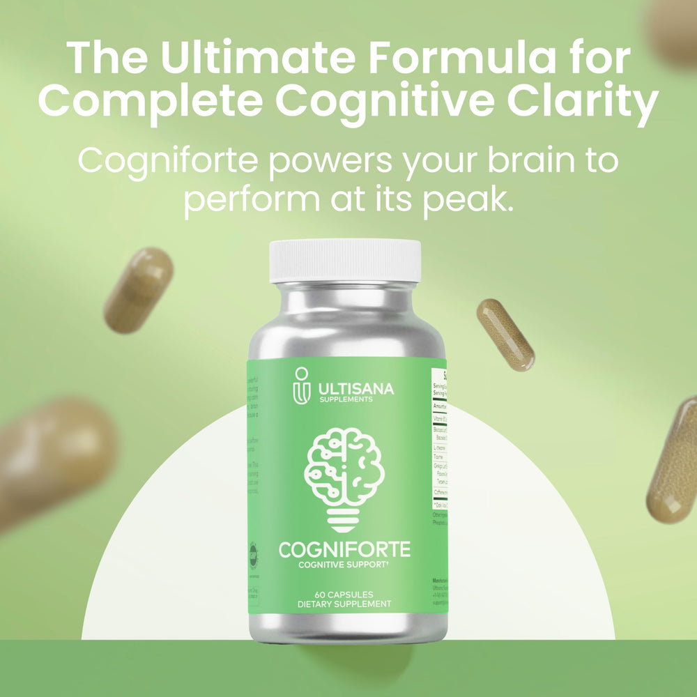 Ultisana Cogniforte bottle back label with dosage and key ingredients.