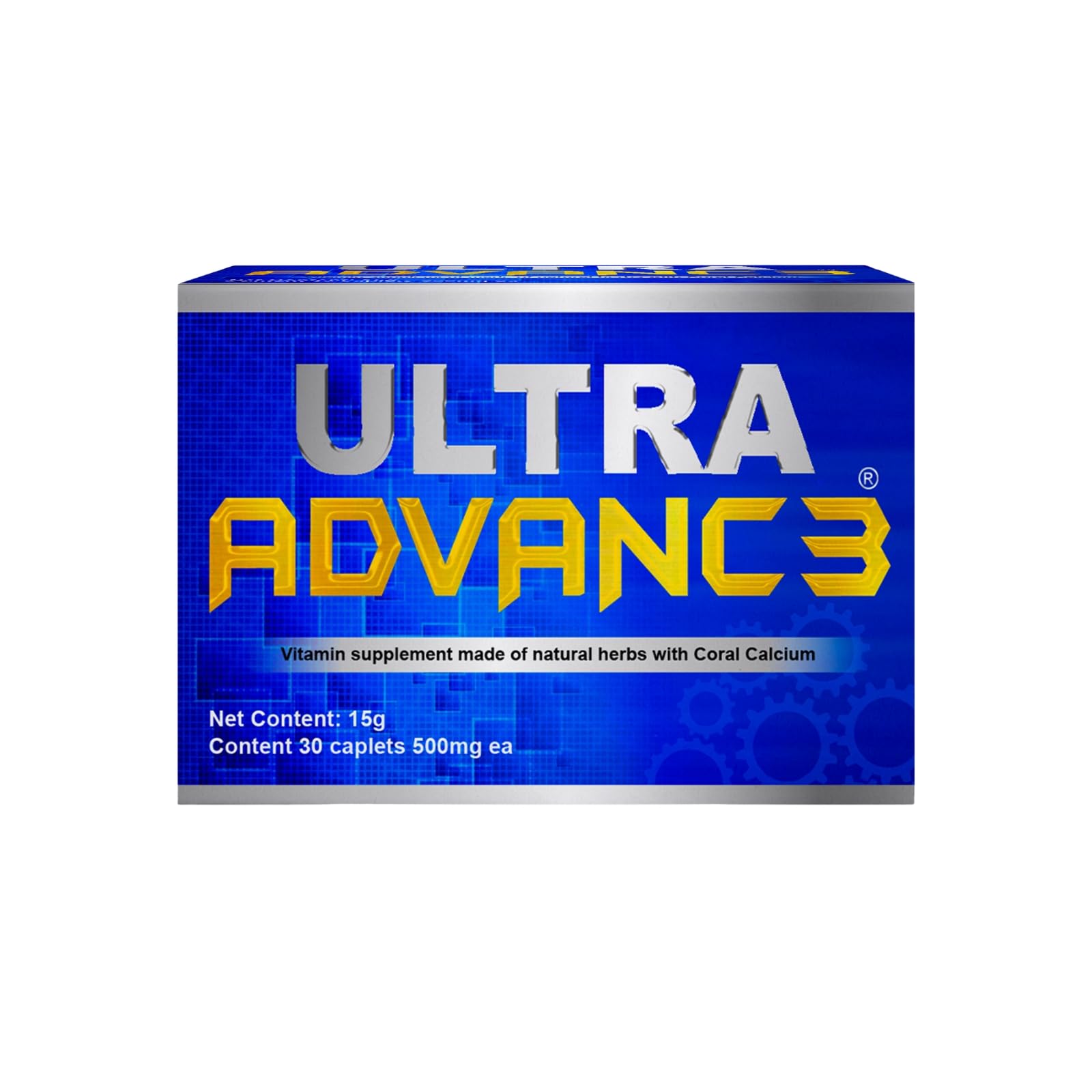 Ultra Advance 3 Blue bottle label close-up highlighting traditional herb blend for daily use.