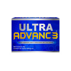Ultra Advance 3 Blue bottle label close-up highlighting traditional herb blend for daily use.