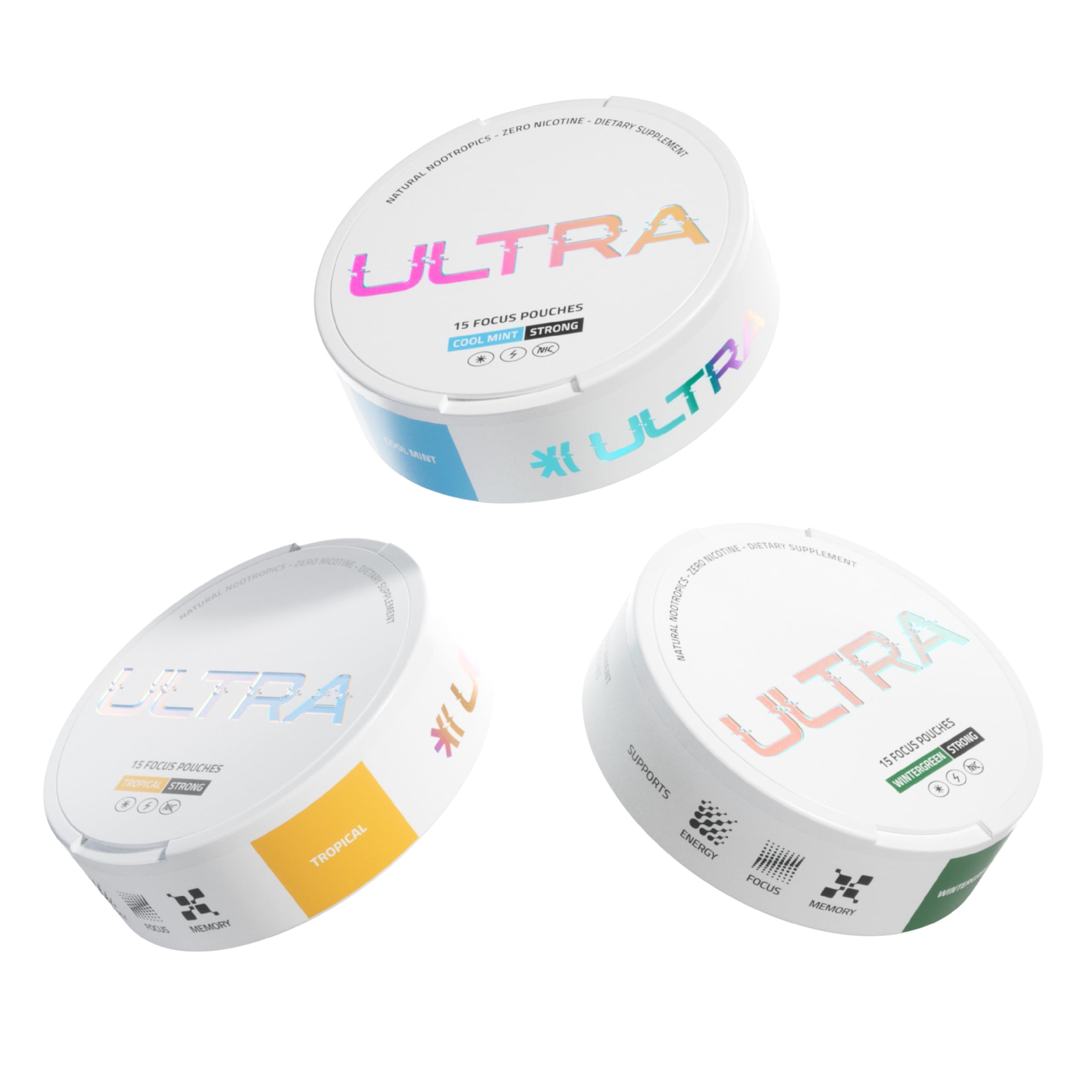 Ultra Focus Pouches variety pack box with three caffeine-free cans for on-the-go clarity.