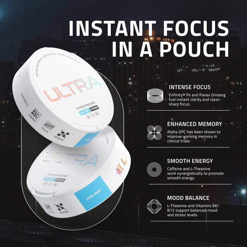 Ultra Focus Pouches Wintergreen can highlighting flavor option for discreet focus.