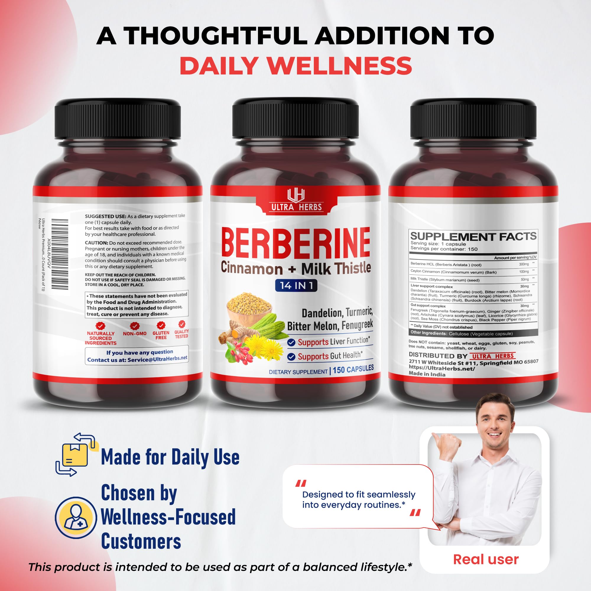 Ultra Herbs Berberine box shows non-GMO and allergen-free formulation.