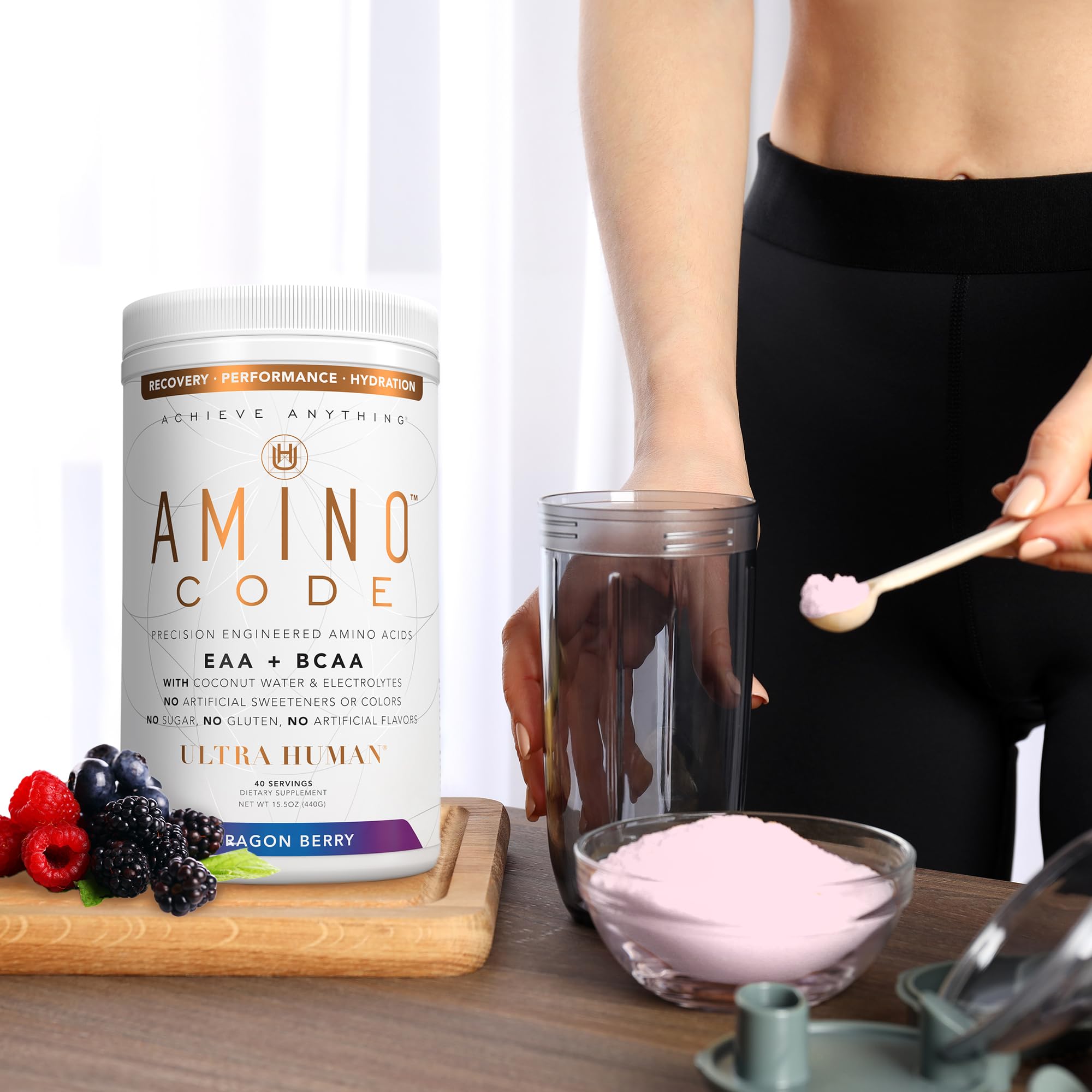 Back of Ultra Human Amino Code Dragonberry bottle featuring nutrition panel.