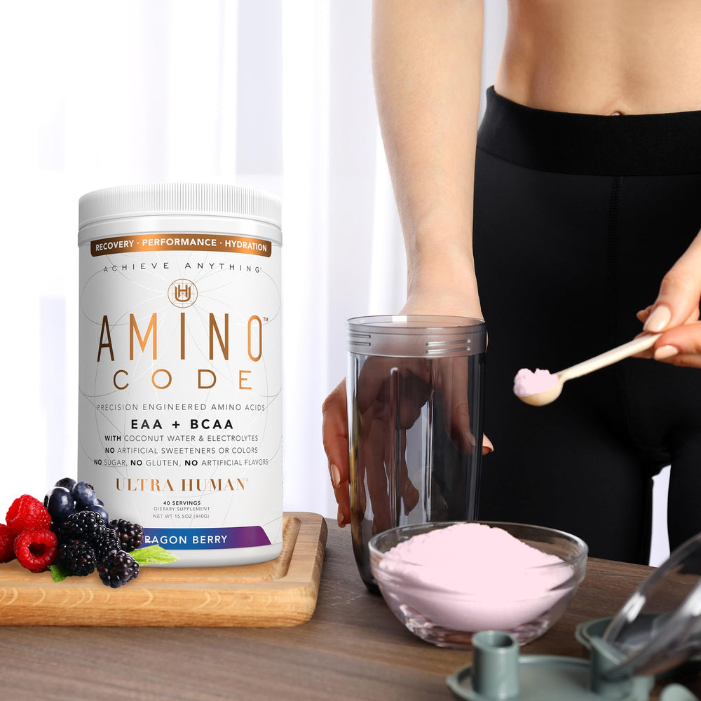 Back of Ultra Human Amino Code Dragonberry bottle featuring nutrition panel.