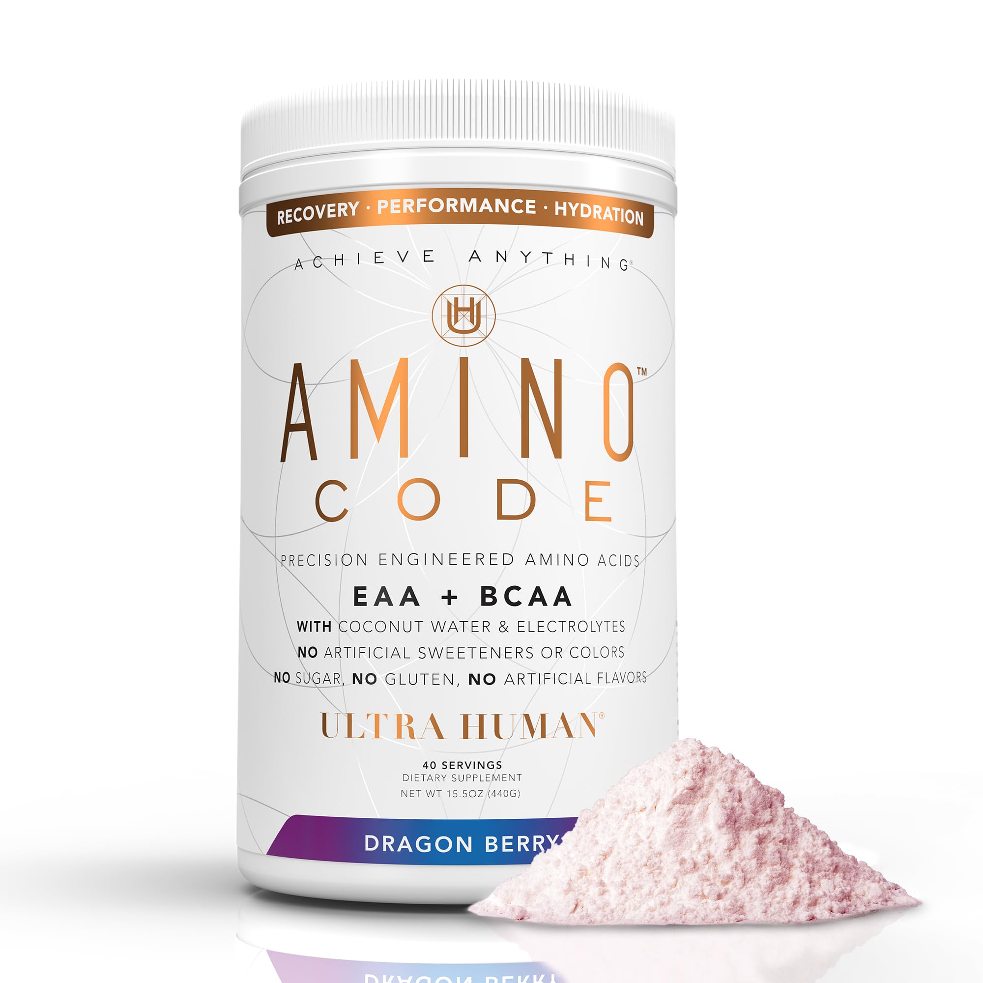 Ultra Human Amino Code Dragonberry bottle being poured for refreshing workout hydration.