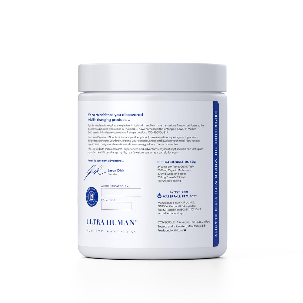 Ultra Human Conscious1 organic mushrooms highlighting nutrient-dense ingredients.