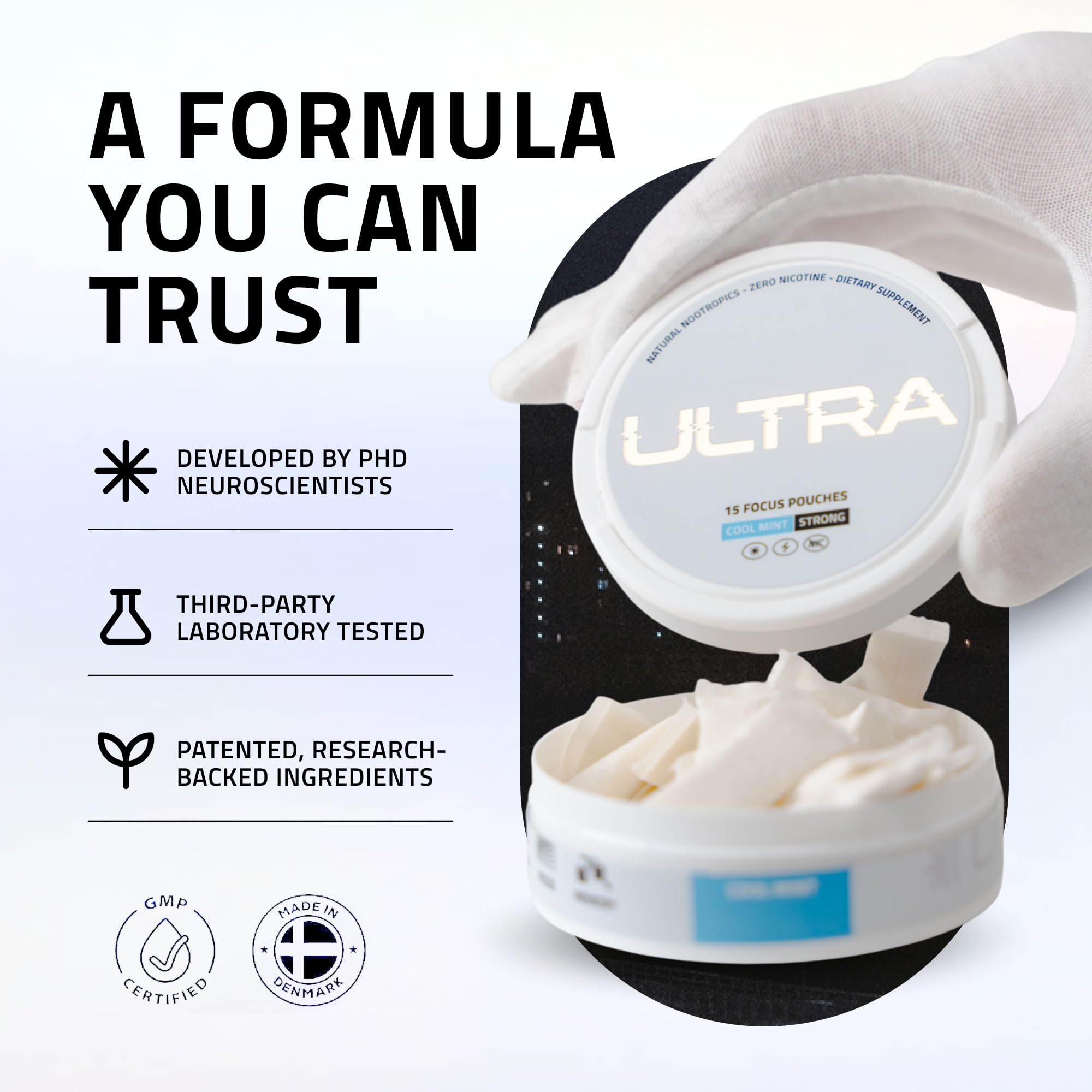 Ultra Pouches Cool Mint pouch in hand emphasizes discreet, on-the-go clarity.