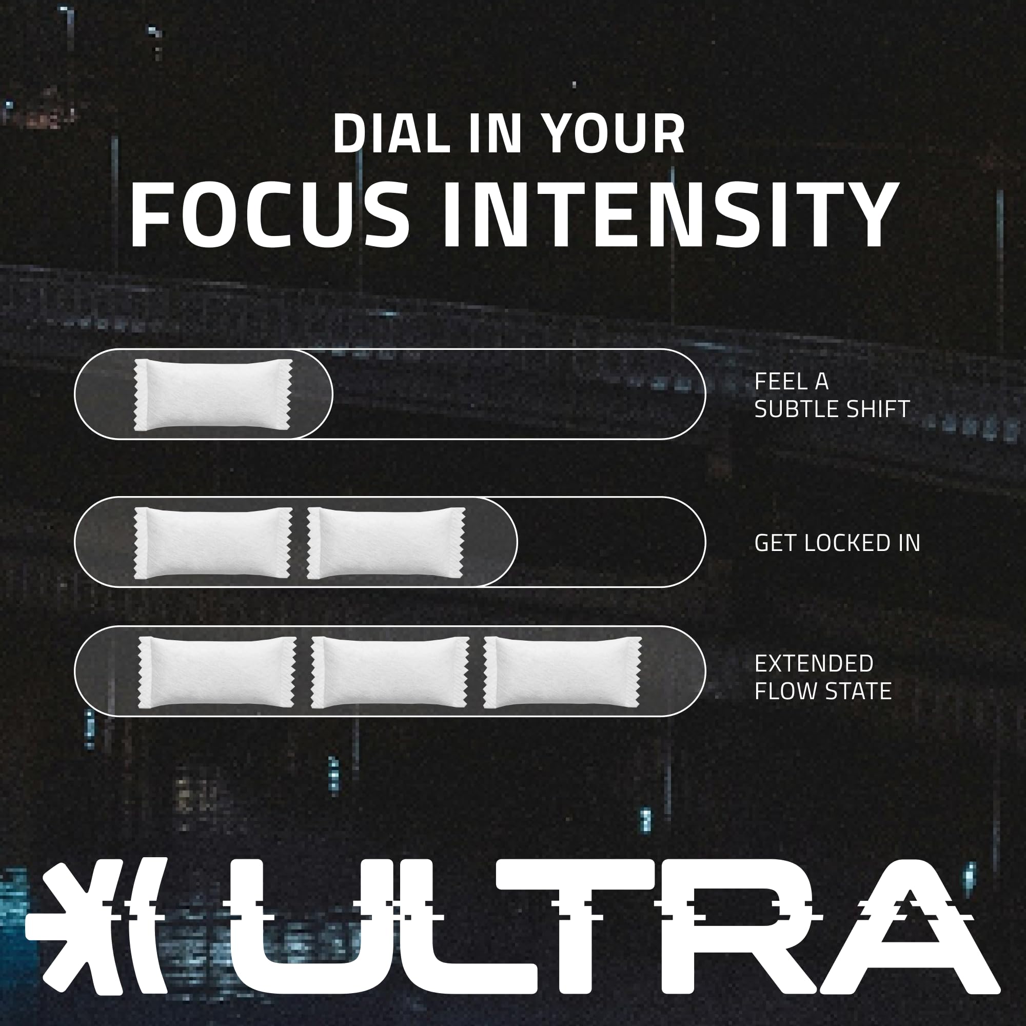 Ultra Focus Pouches Tropical Pack ingredient icons emphasize no nicotine.