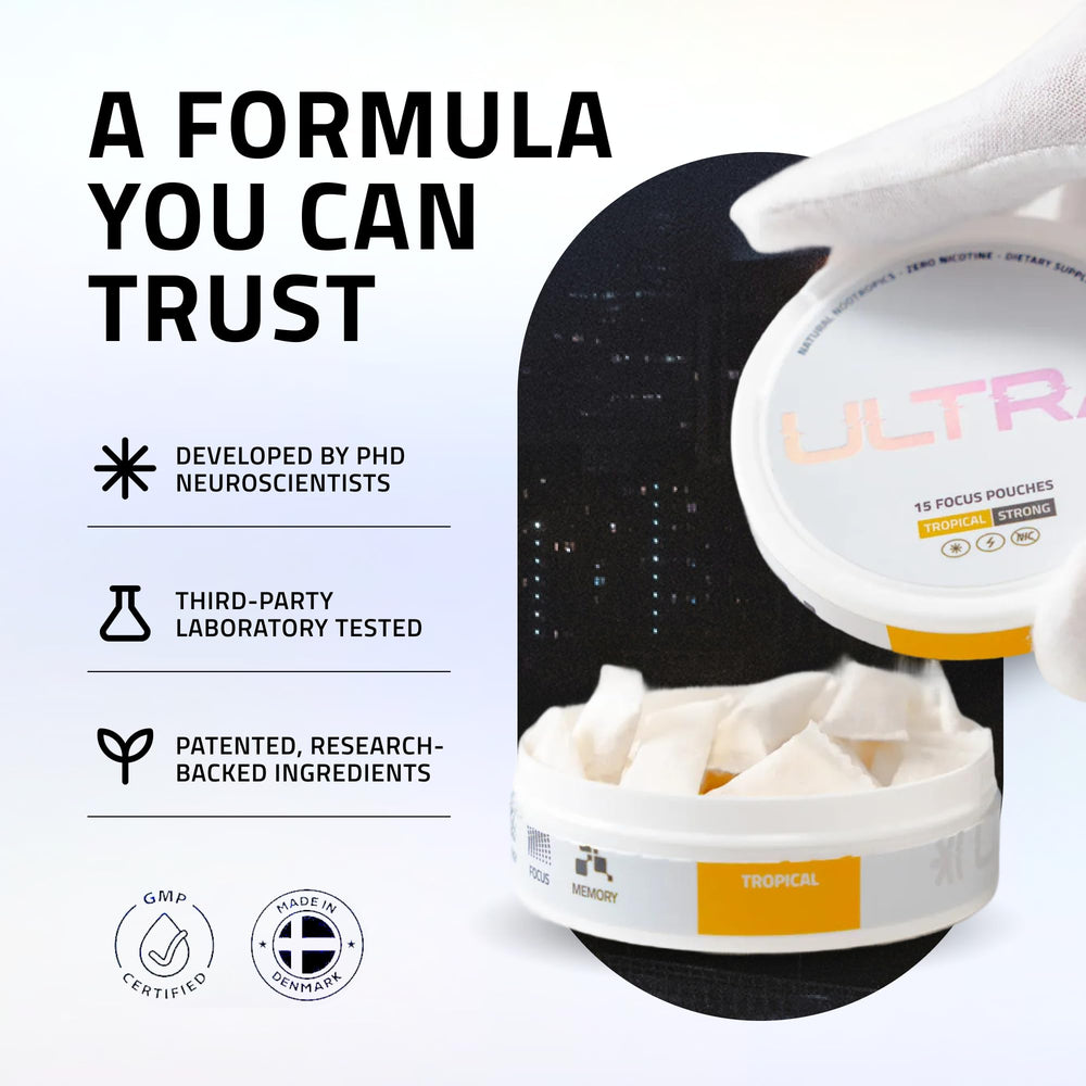 Ultra Focus Pouches Tropical Pack on desk for study session clarity.