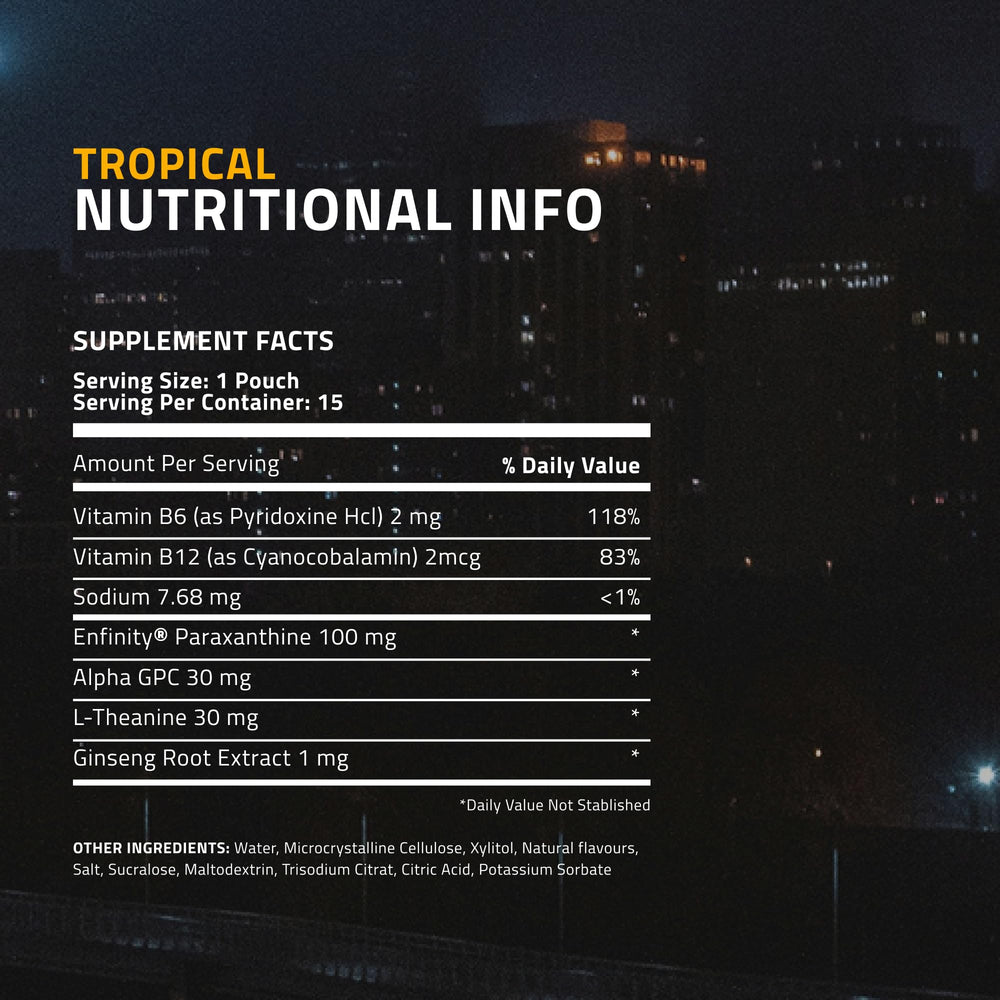 Ultra Focus Pouches Tropical Pack packaging-front showcases tropical flavor.