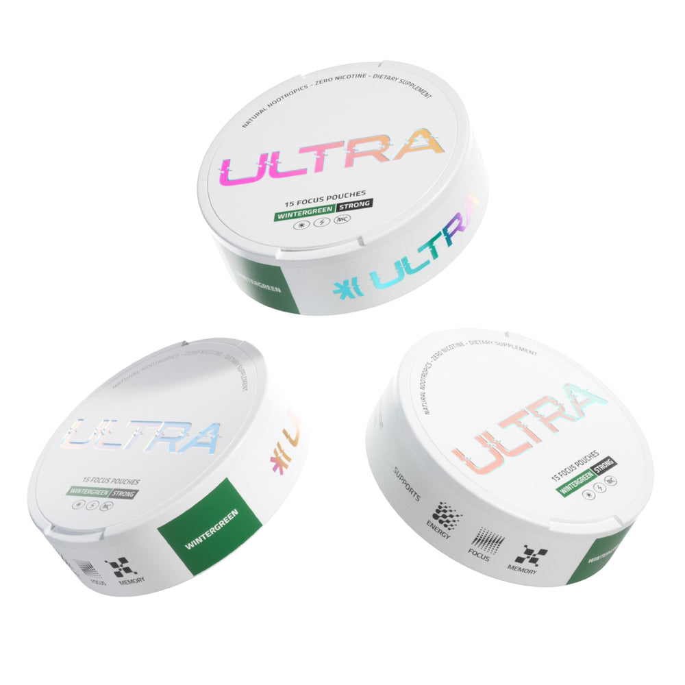 Ultra Focus Pouches Wintergreen packaging showing a caffeine-free focus option.