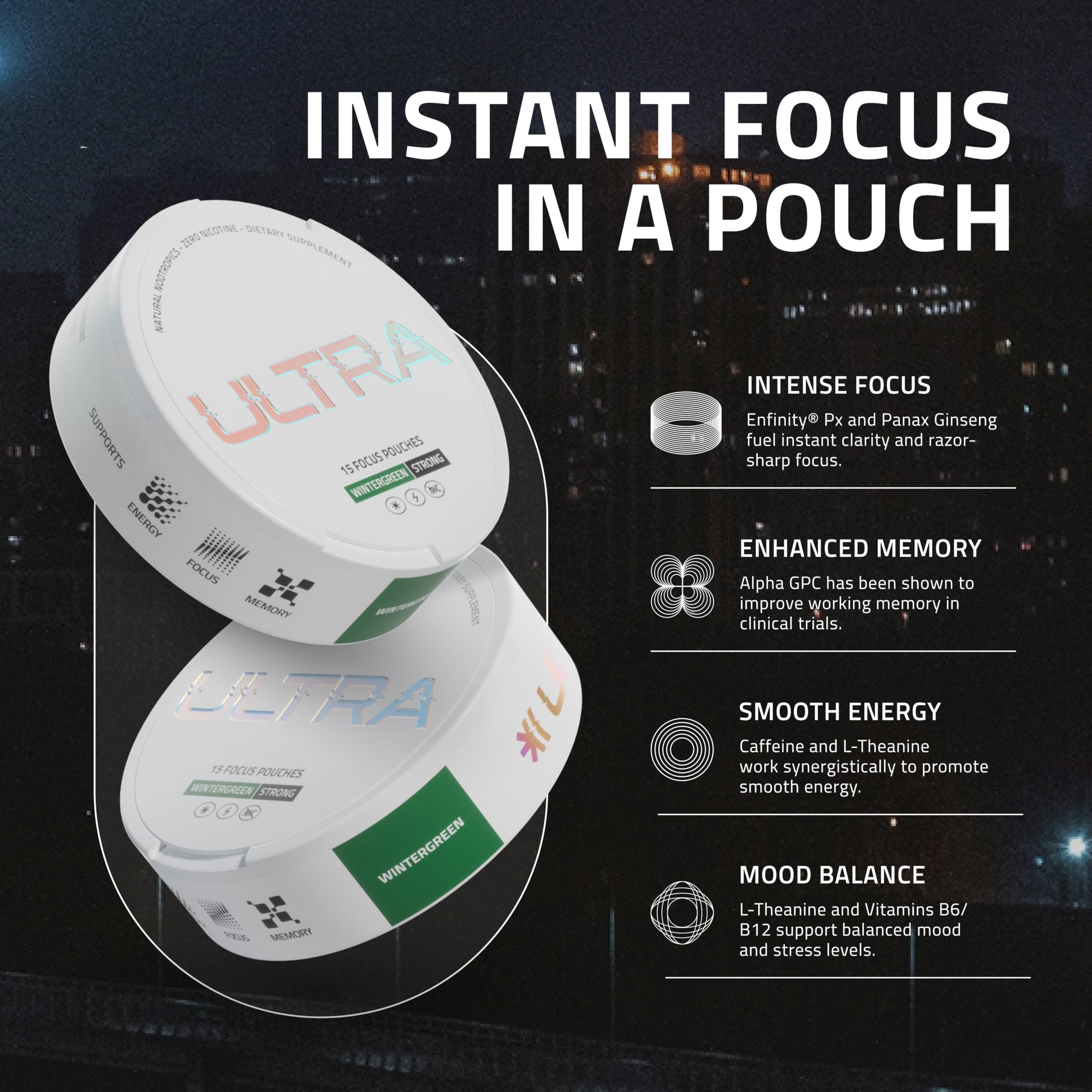 Open Wintergreen pouch reveals portable, on-the-go design.