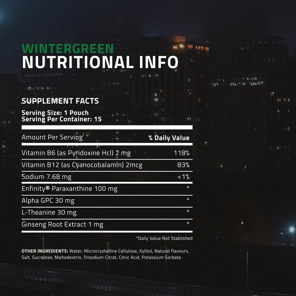 Wintergreen pouch in mouth delivering smooth, steady nootropic support.