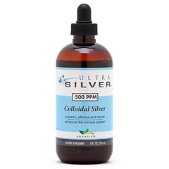 Ultra Silver colloidal silver bottle showing 500 ppm for reliable storage.