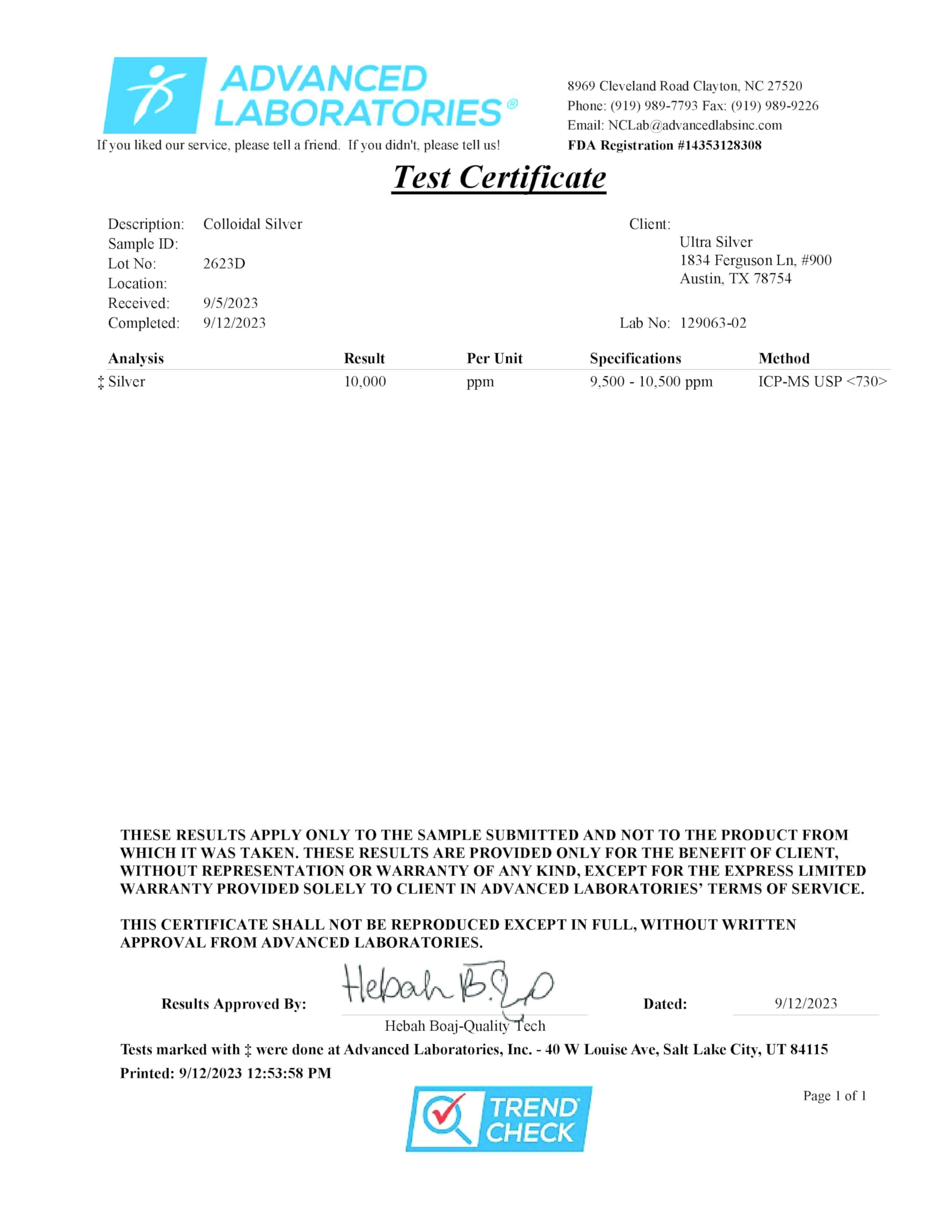 Ultra Silver lab-certified PPM label confirms tested concentration