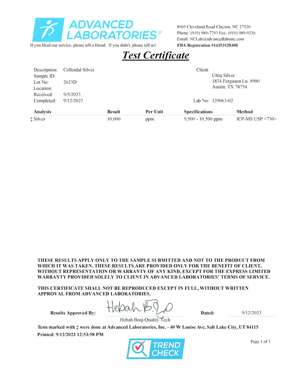 Ultra Silver lab-certified PPM label confirms tested concentration