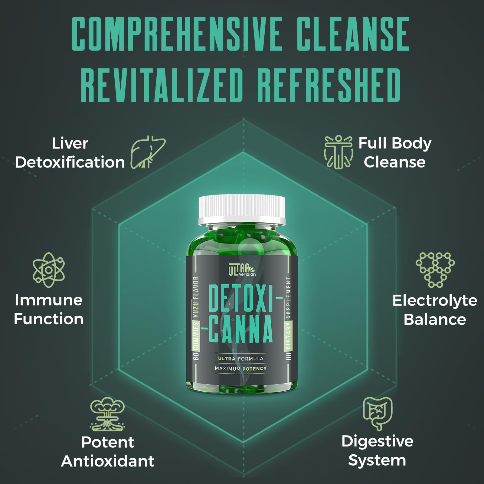 Ultraverixian detox gummies bottle shows ginger and probiotics for digestion