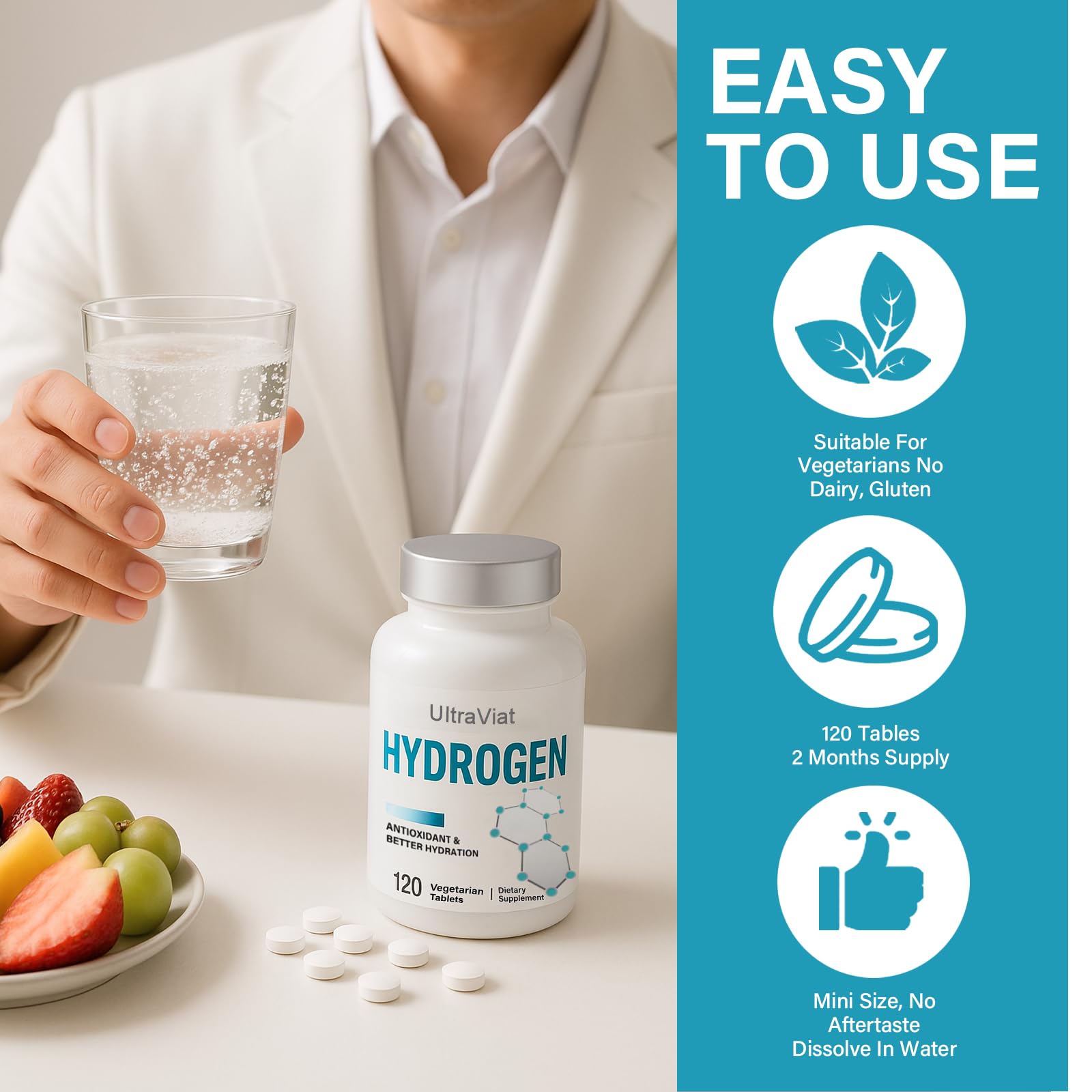 UltraViat hydrogen tablets on kitchen counter imply daily vitality and focus.